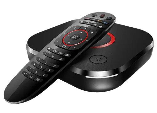 Set-top box and remote control of the kind used to run IBO Player with a TVHammer subscription