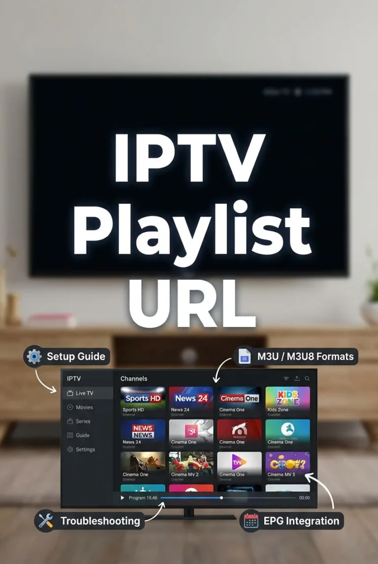 Illustration of a playlist URL being configured in an IPTV application on a television